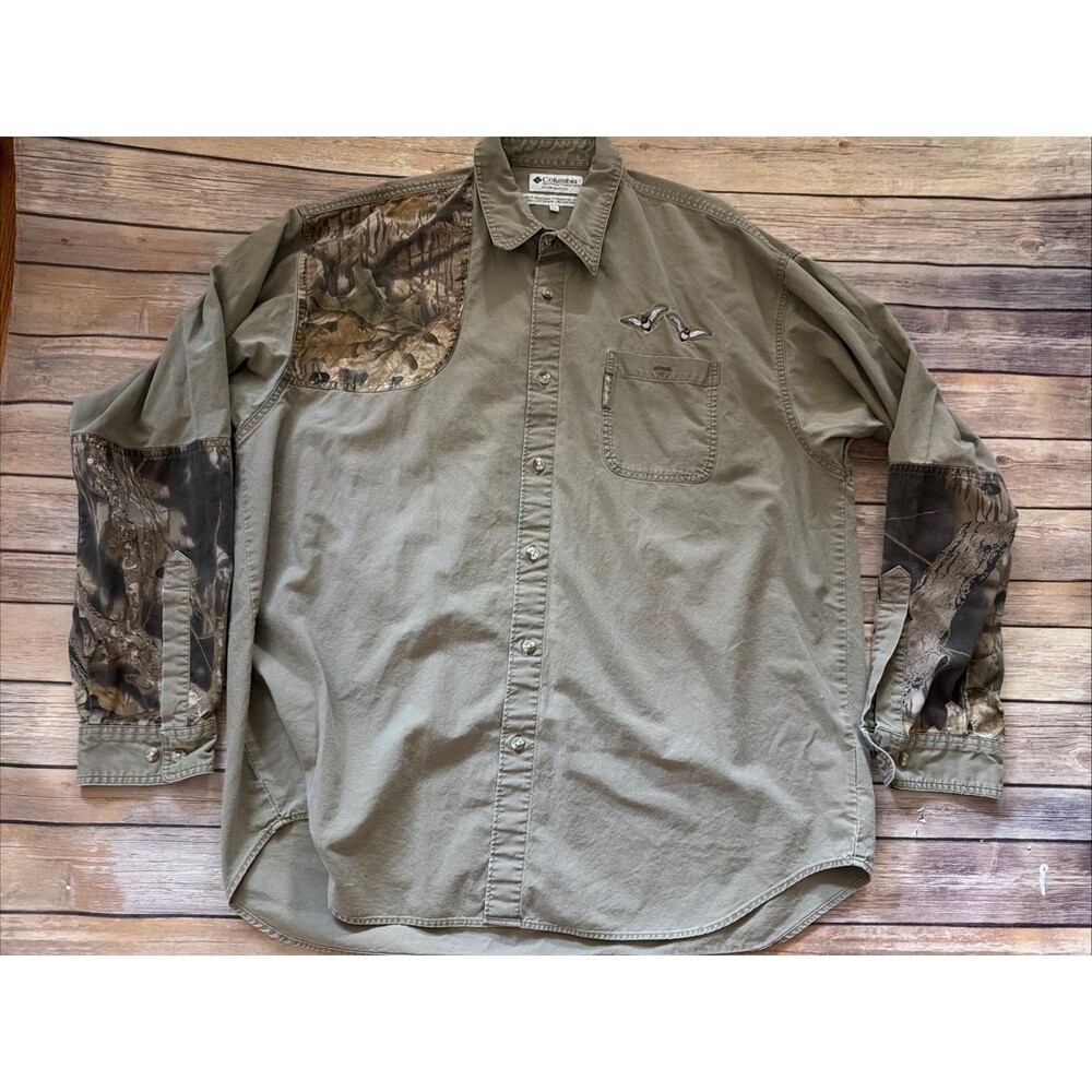 Vintage Columbia Shooting Shirt Mens XL Green Camo Duck Embroidered Hunting